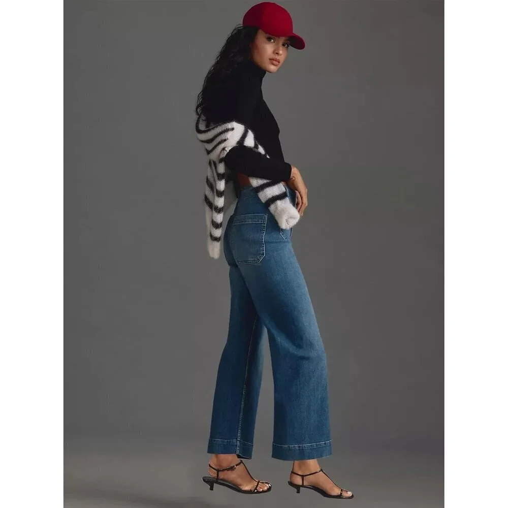 Women’s Wide Leg High Waisted Denim Jeans Stretchy Baggy Ankle Casual